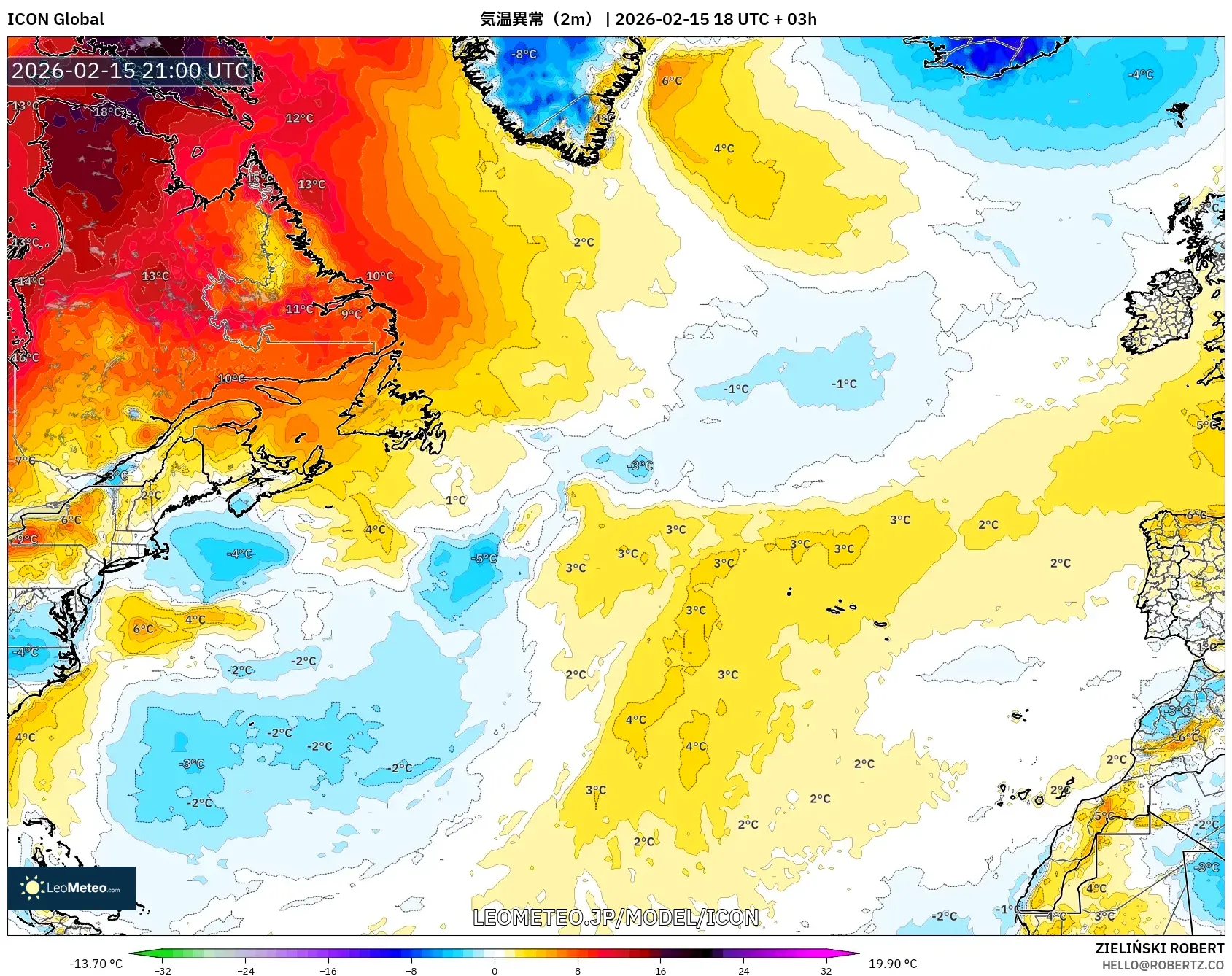 ICON model - 北大西洋, 気温異常（2m）