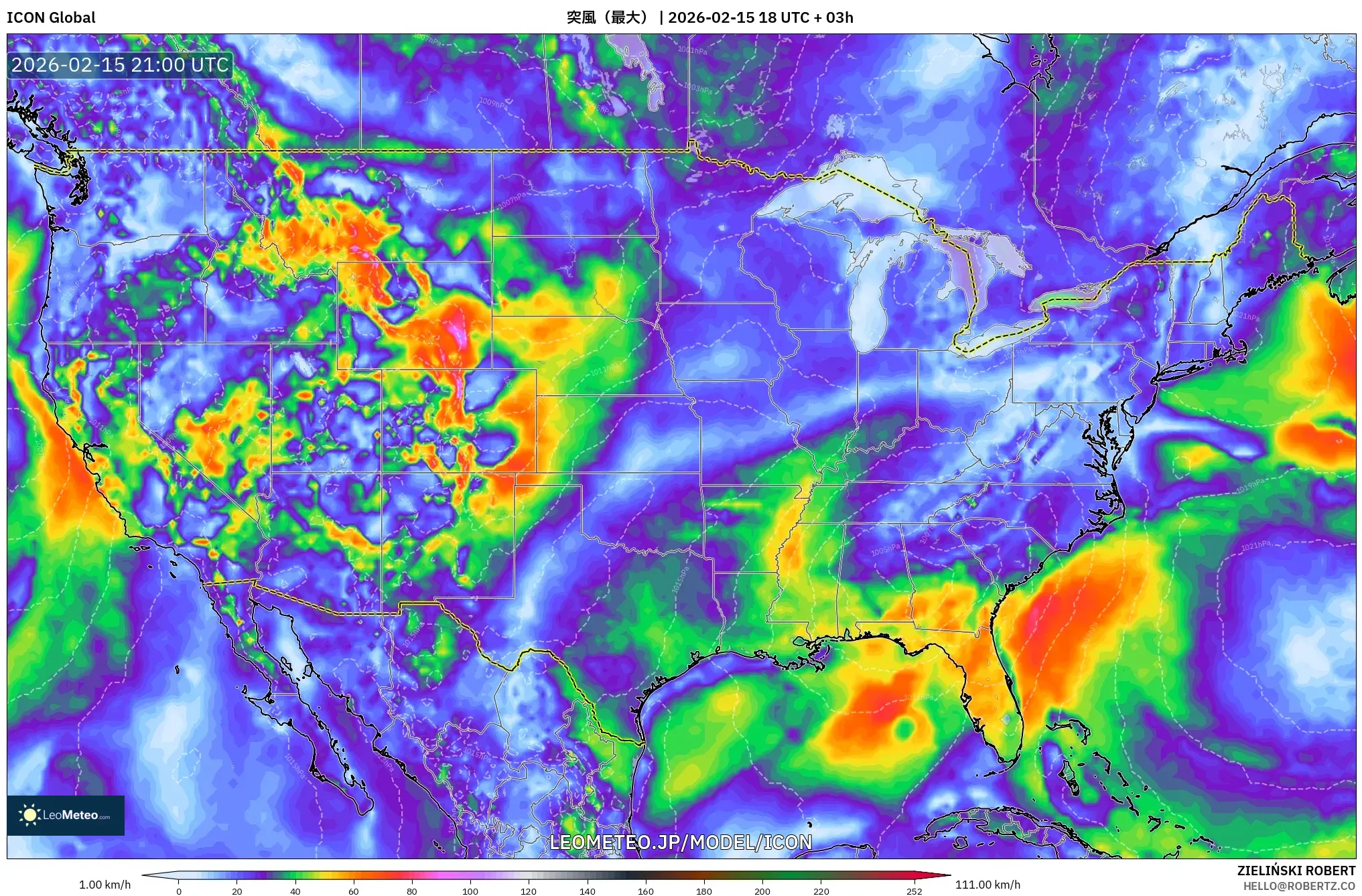 ICON model - アメリカ合衆国, 突風（最大）