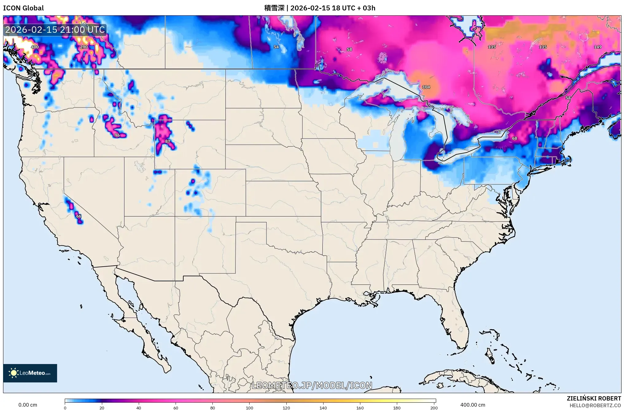 ICON model - アメリカ合衆国, 積雪深