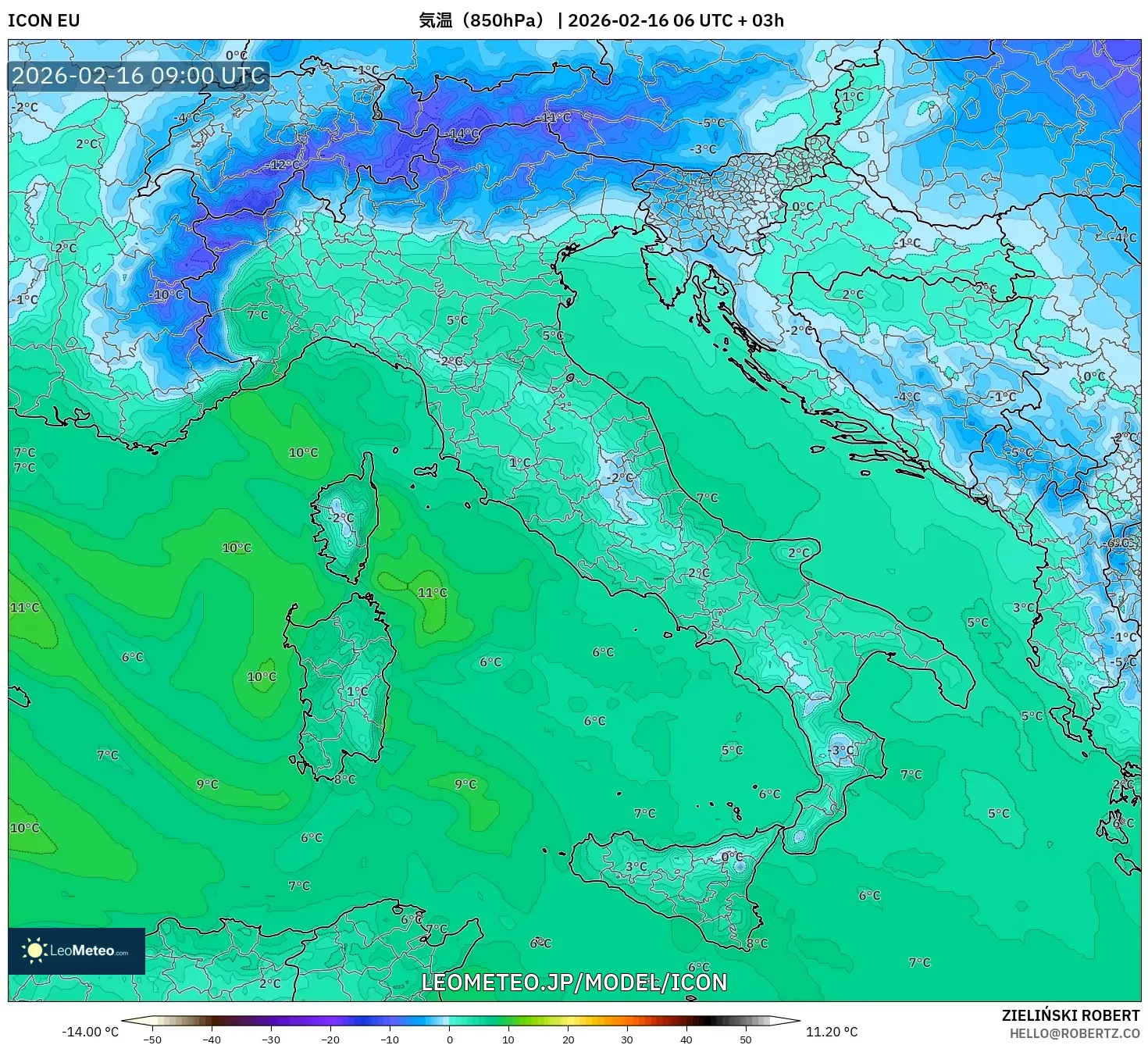 ICON model - イタリア, 気温（850hPa）