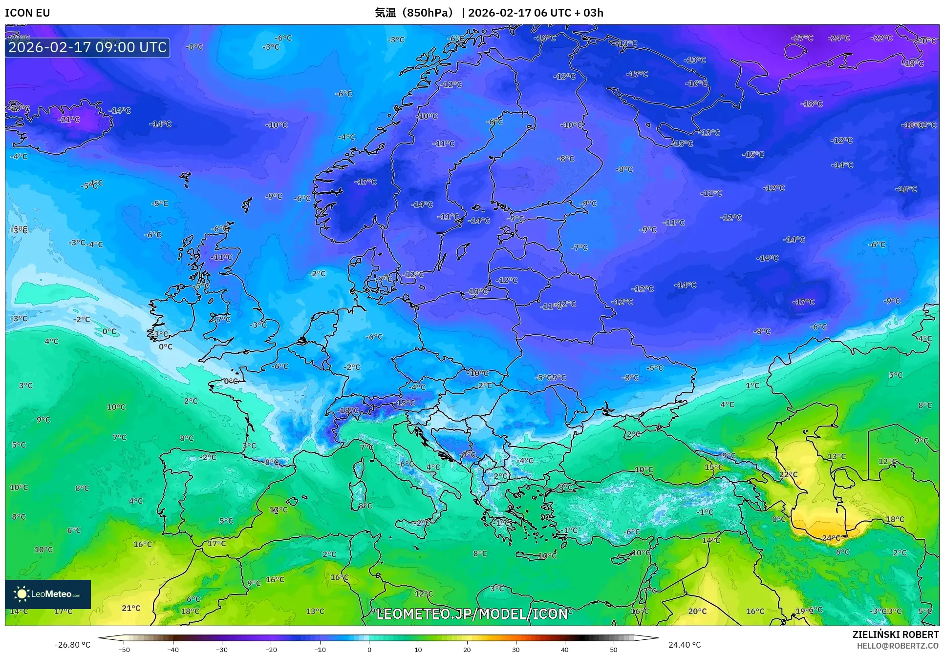 ICON model - ヨーロッパ, 気温（850hPa）