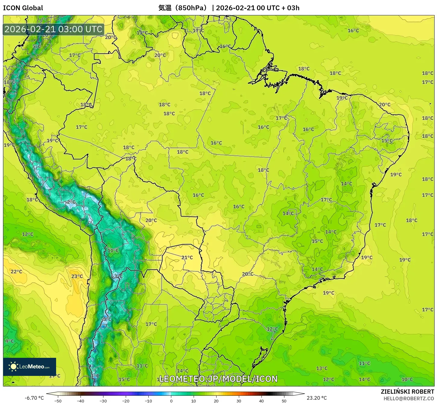 ICON model - ブラジル, 気温（850hPa）