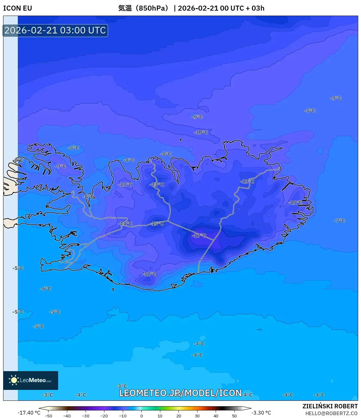 ICON model - アイスランド, 気温（850hPa）