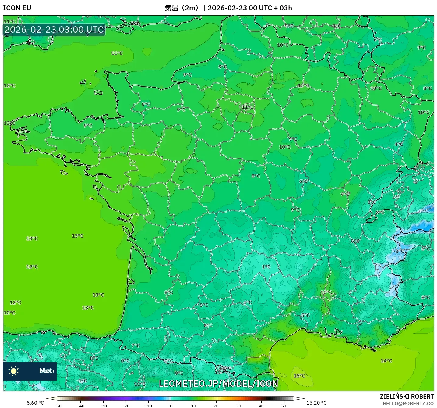 ICON model - フランス, 気温（2m）