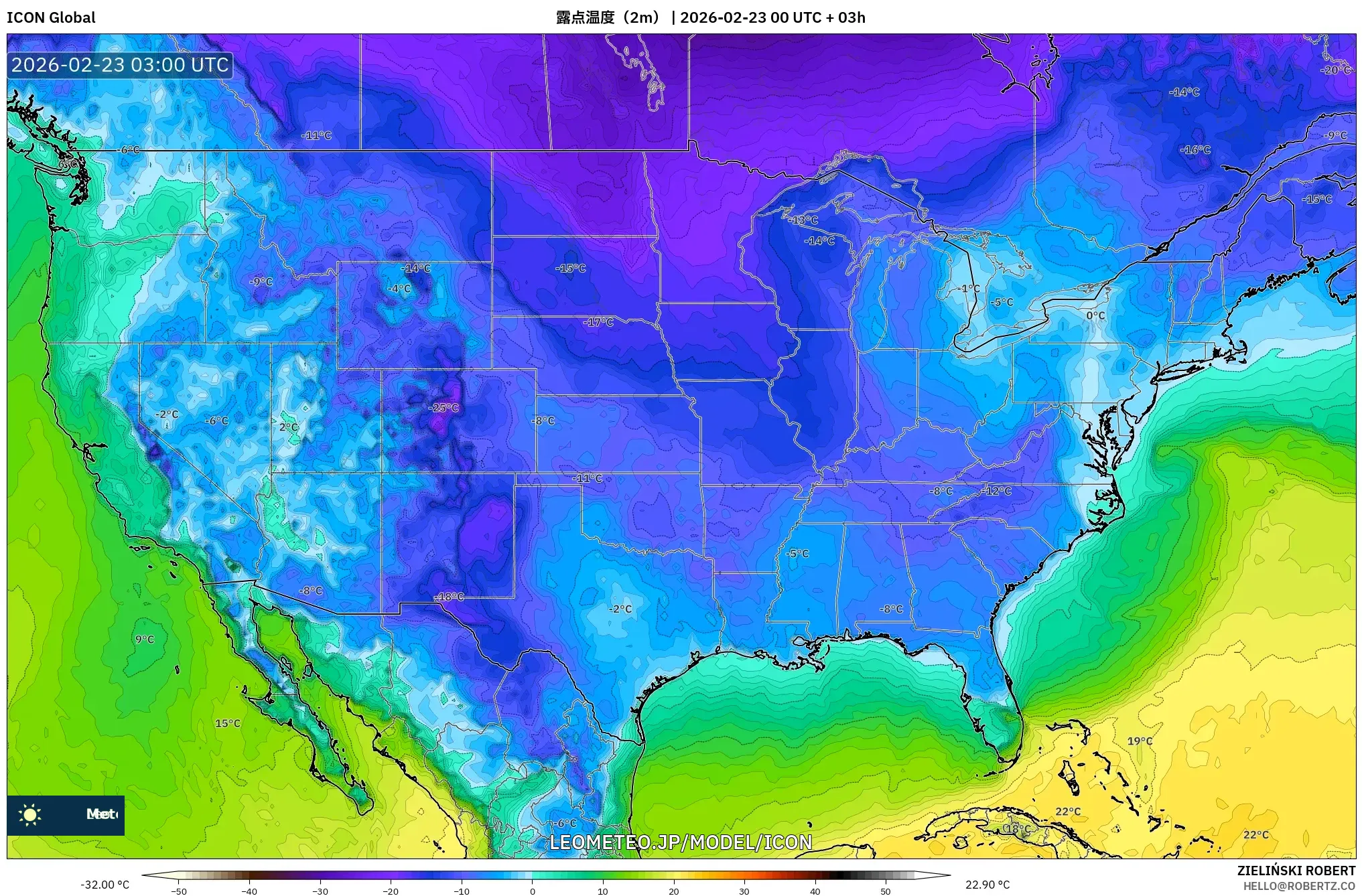 ICON model - アメリカ合衆国, 露点温度（2m）