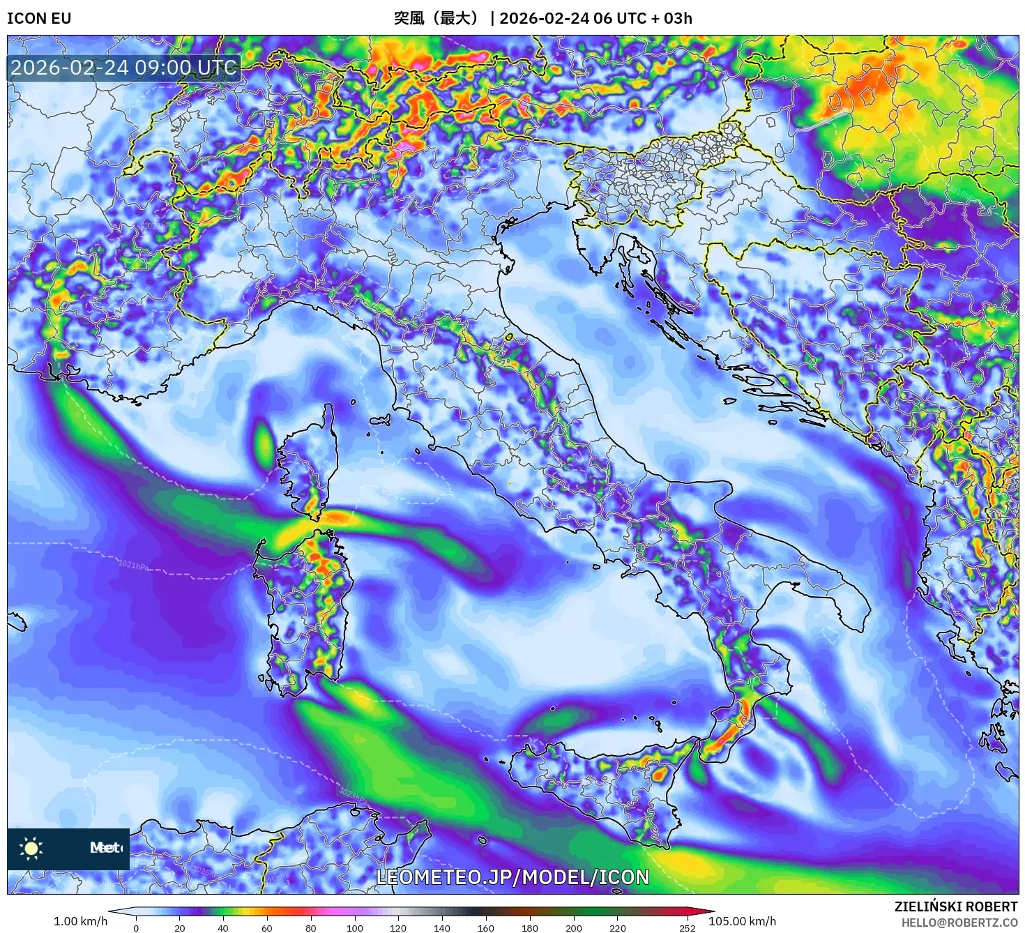 ICON model - イタリア, 突風（最大）