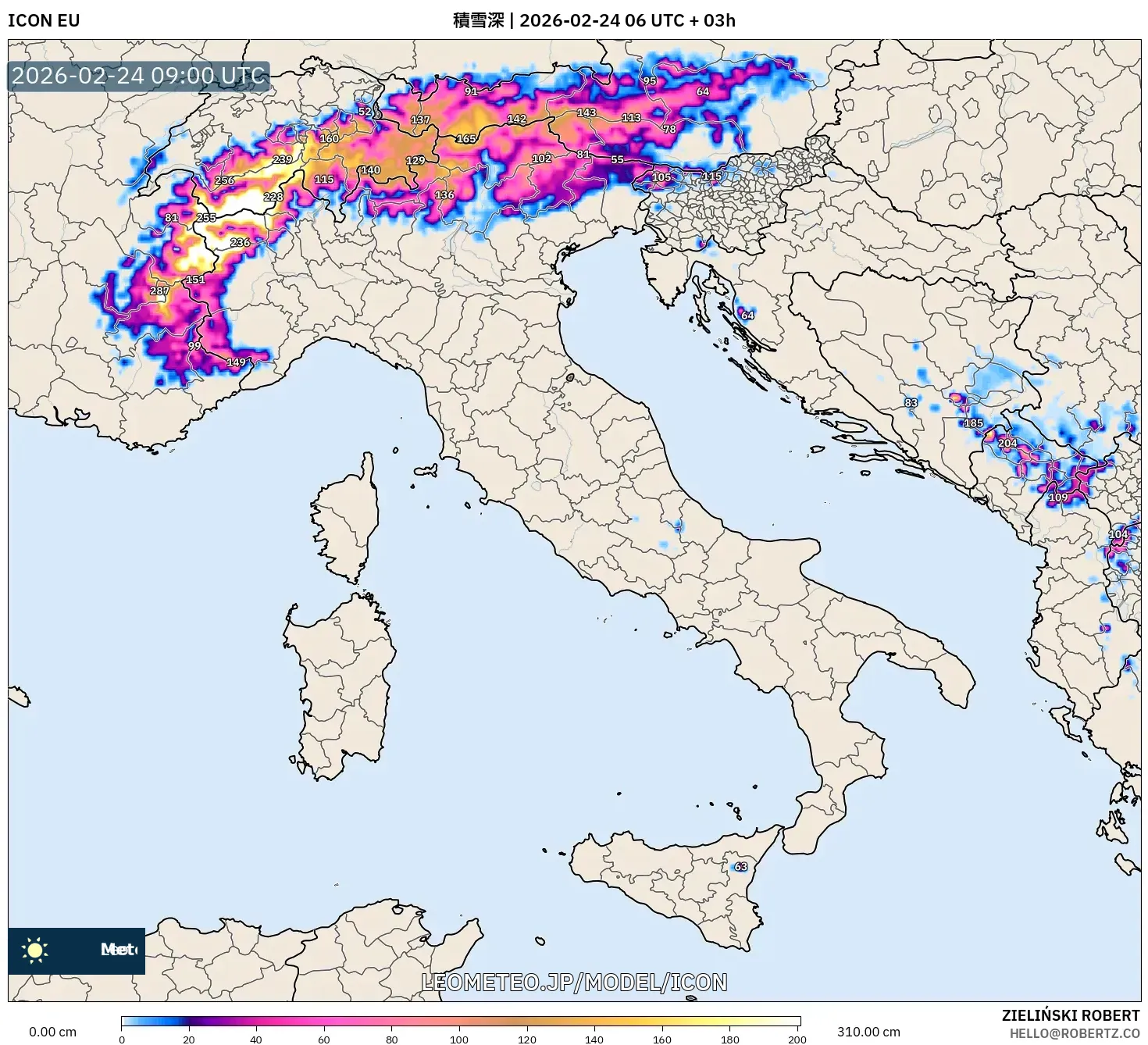 ICON model - イタリア, 積雪深