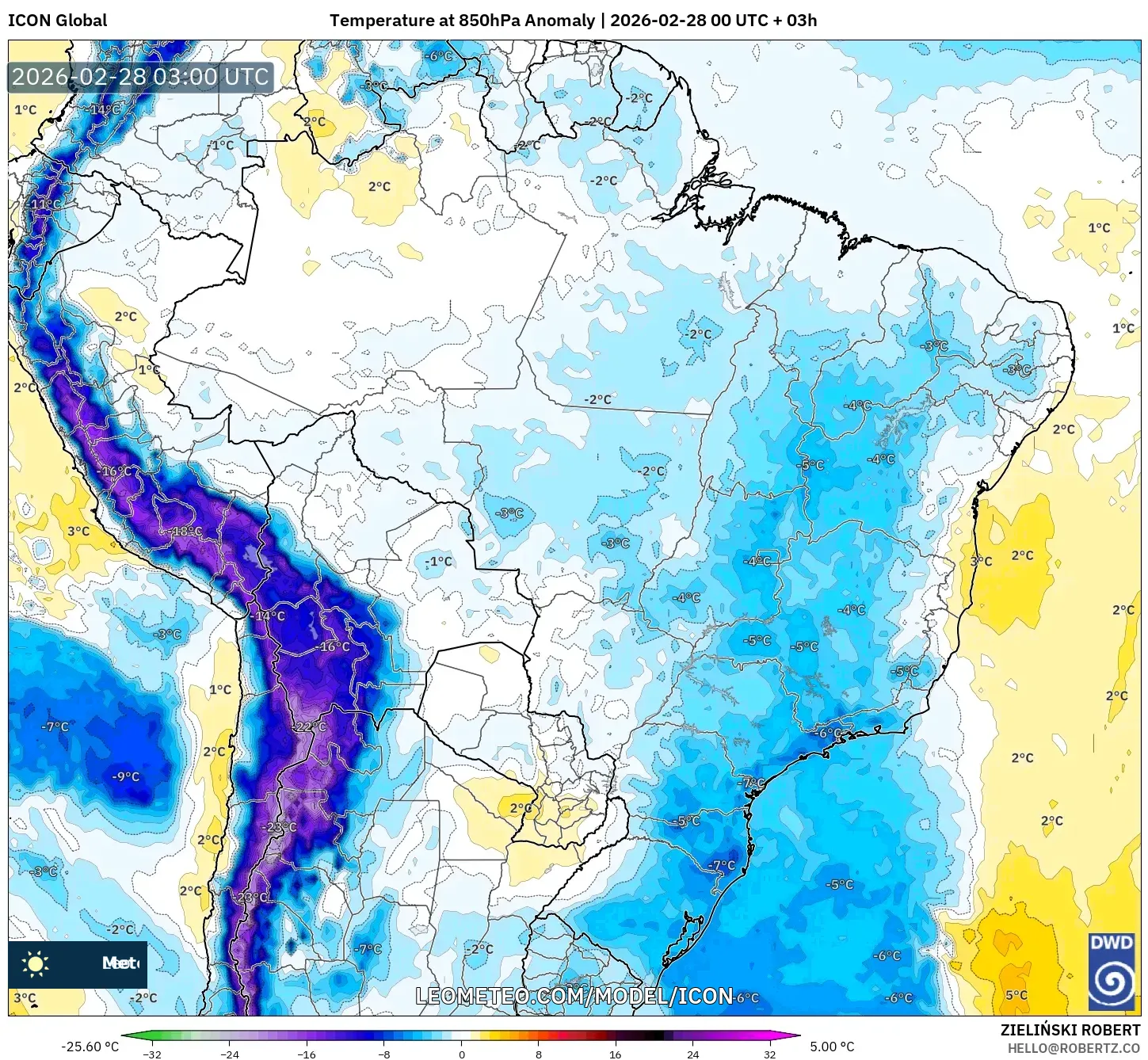 ICON model - ブラジル, 気温異常（850hPa）