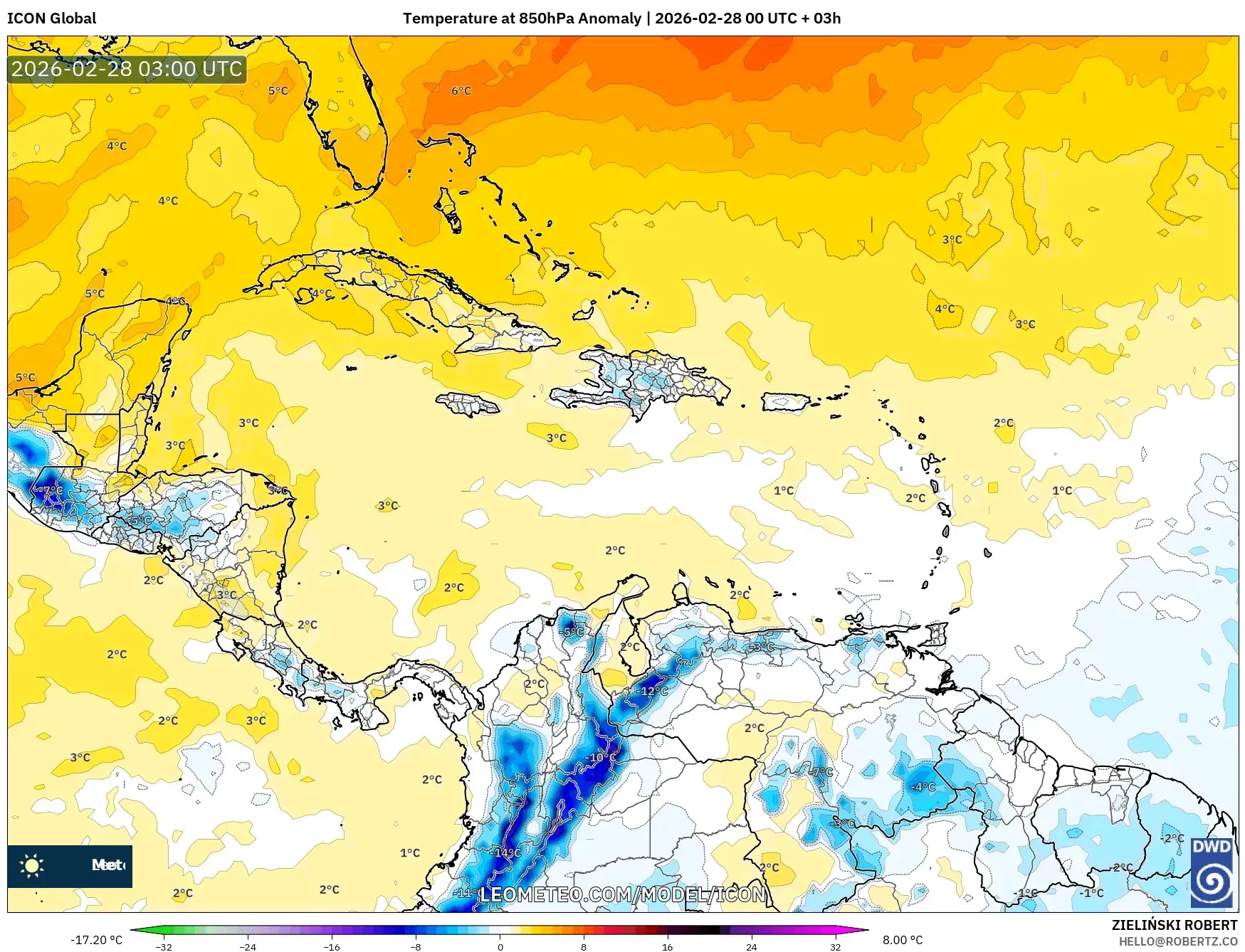 ICON model - カリブ海, 気温異常（850hPa）