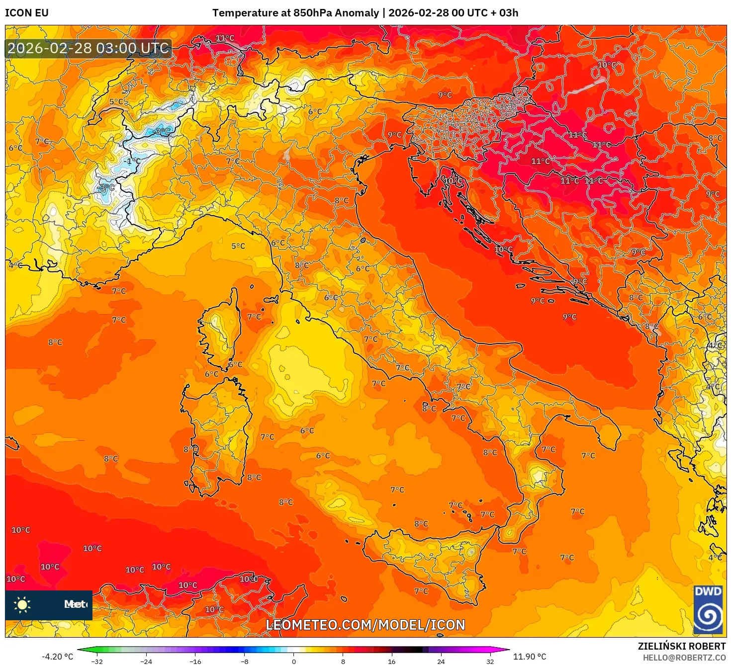 ICON model - イタリア, 気温異常（850hPa）