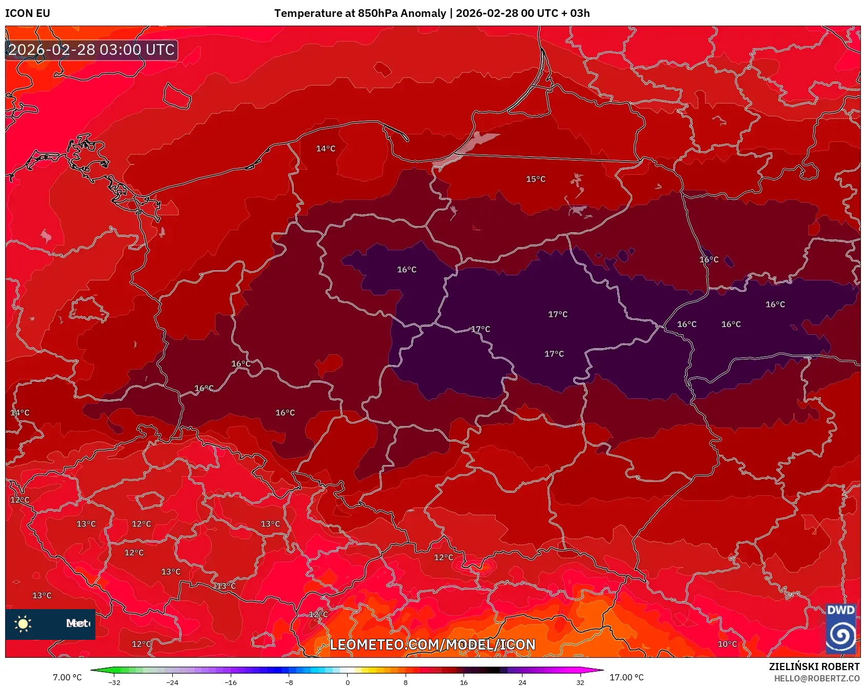 ICON model - ポーランド, 気温異常（850hPa）