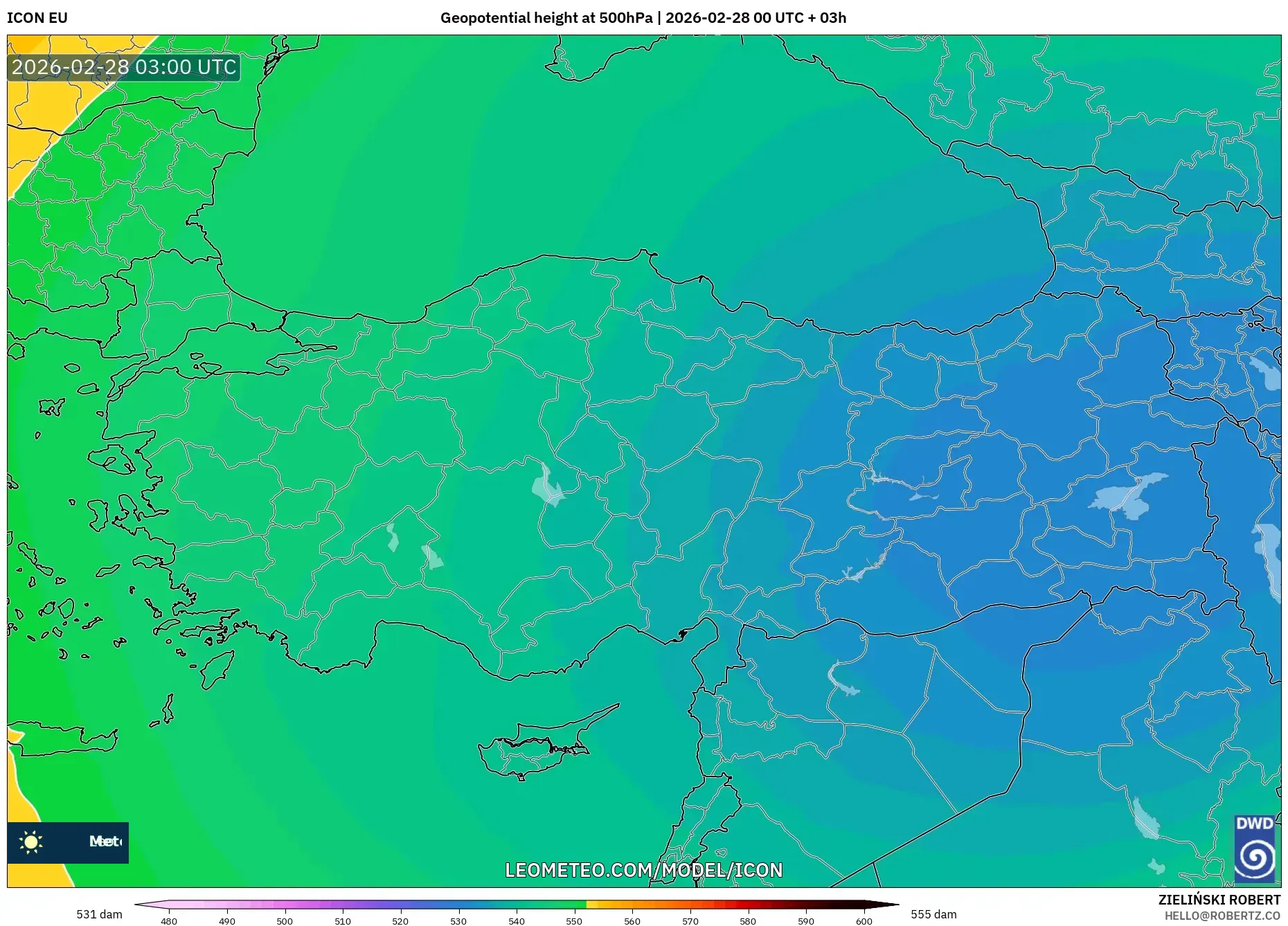 ICON model - トルコ, 500hPaのジオポテンシャル高度