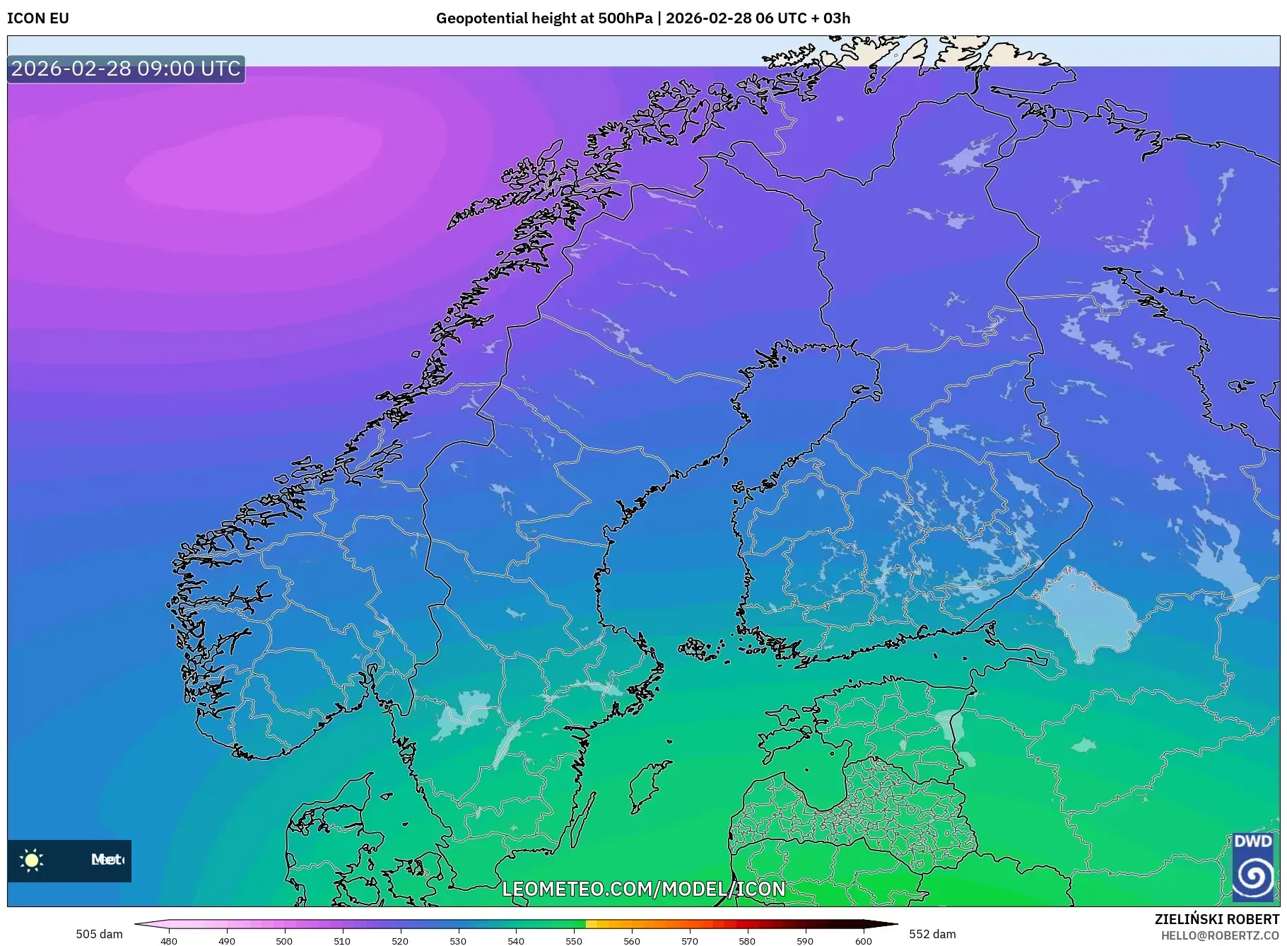 ICON model - スカンジナビア, 500hPaのジオポテンシャル高度