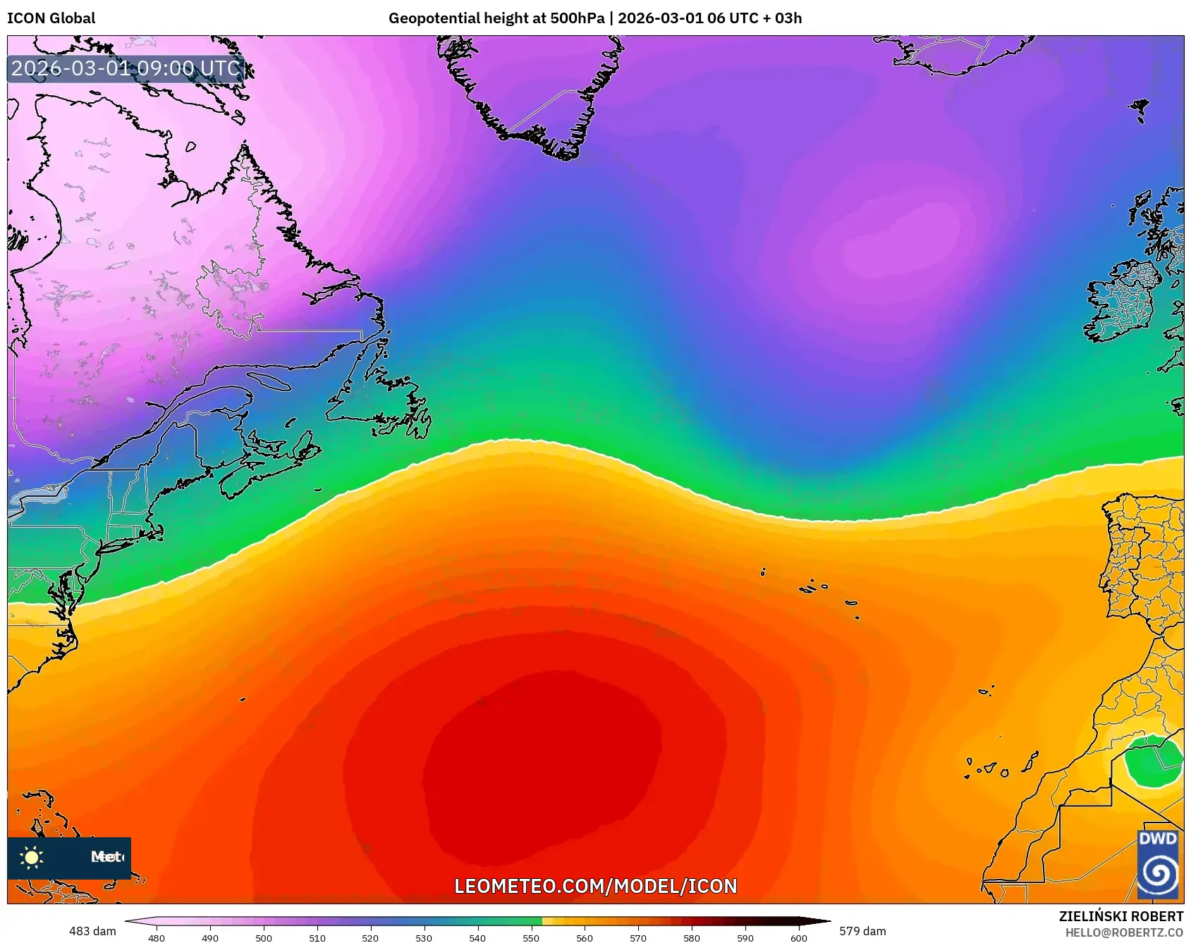 ICON model - 北大西洋, 500hPaのジオポテンシャル高度