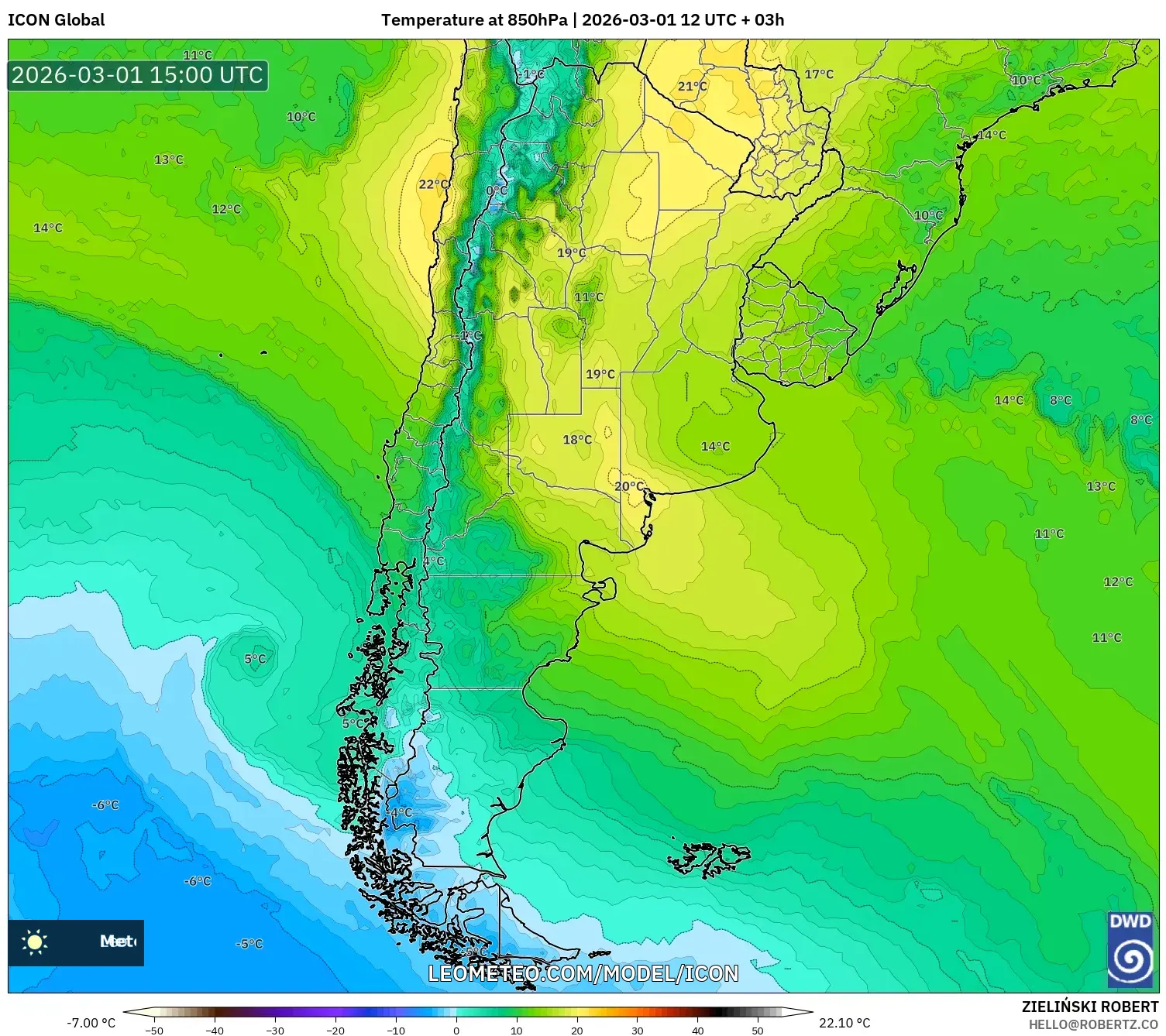 ICON model - アルゼンチン, 気温（850hPa）