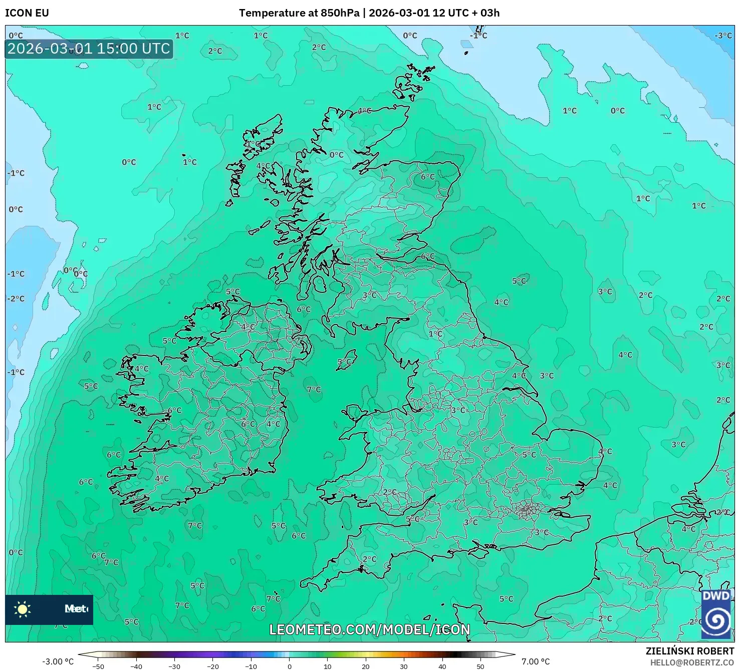 ICON model - イギリス, 気温（850hPa）