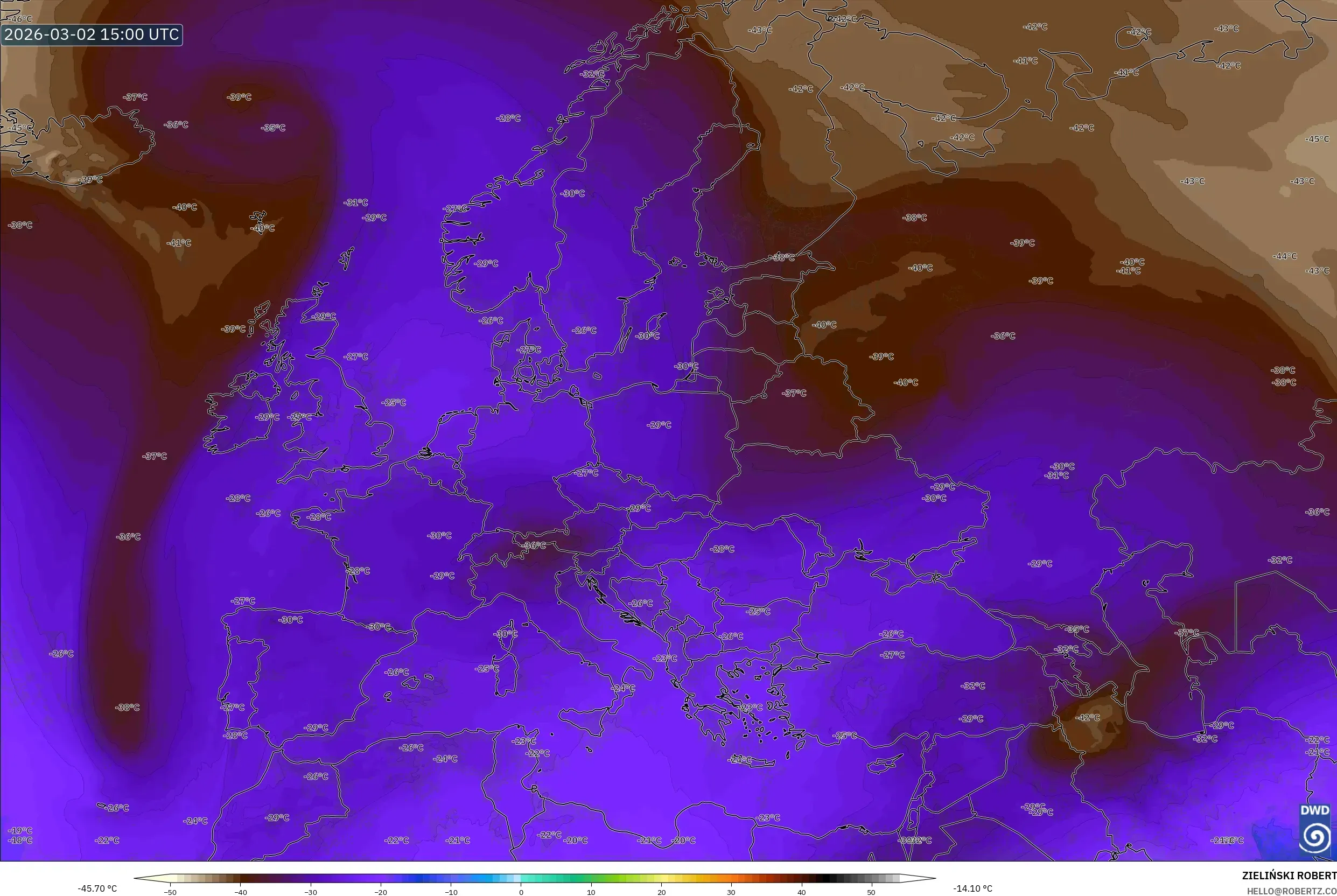 ICON model - ヨーロッパ, 気温（500hPa）