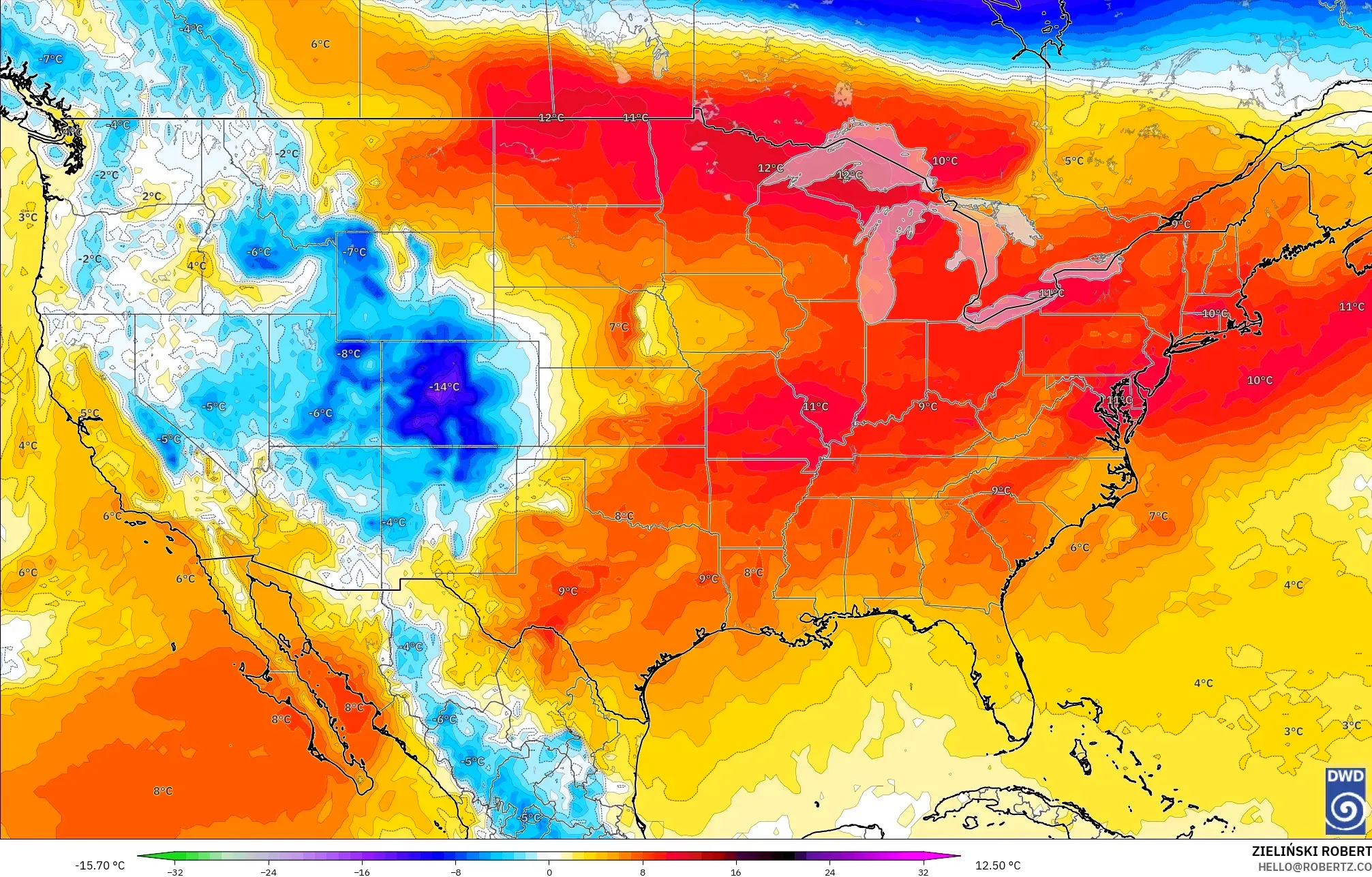 ICON モデル - アメリカ合衆国, 気温異常（850hPa）