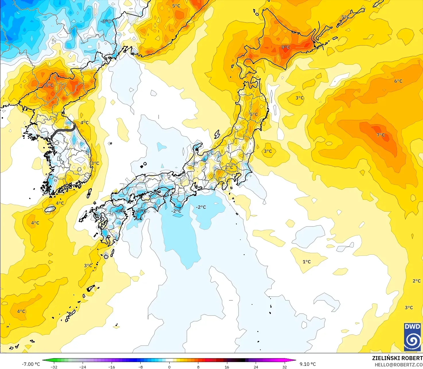 ICON モデル - 日本, 気温異常（2m）