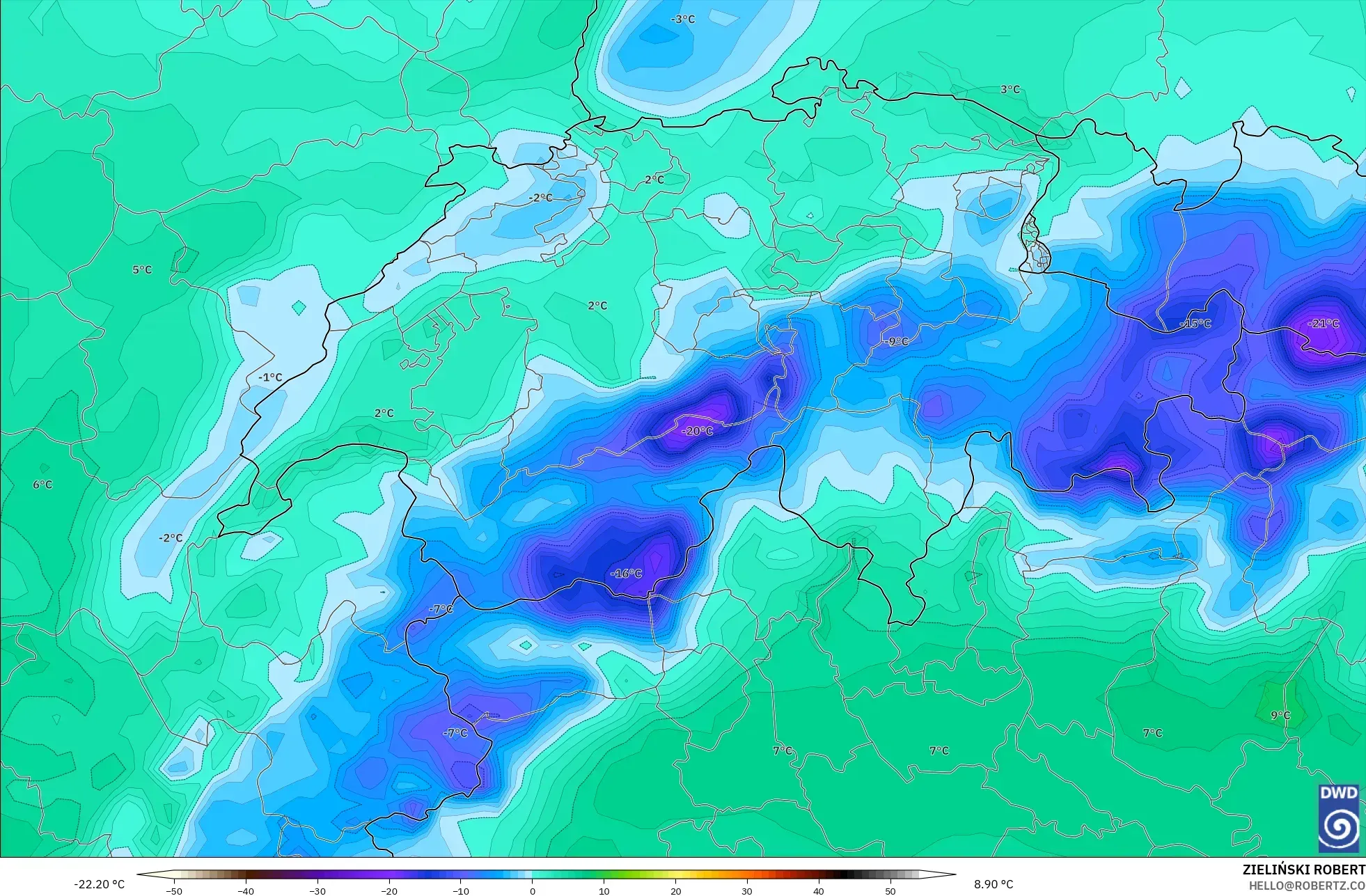 ICON モデル - スイス, 露点温度（2m）