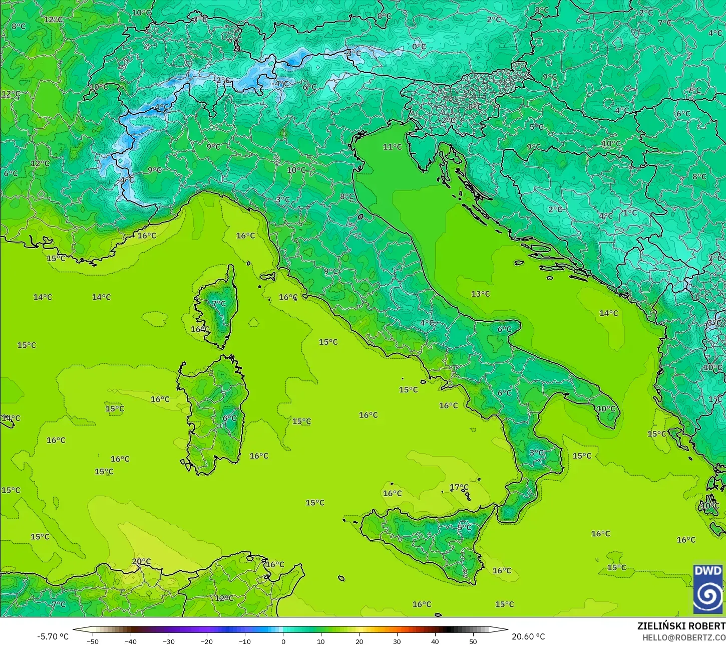 ICON モデル - イタリア, 気温（2m）