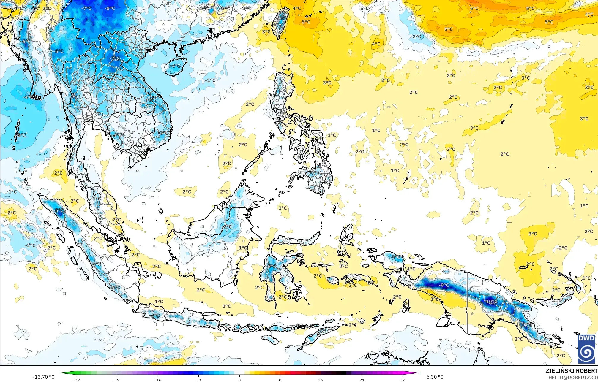 ICON モデル - 東南アジア, 気温異常（850hPa）