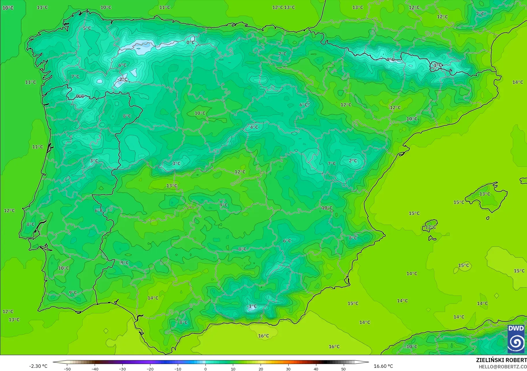 ICON モデル - スペイン, 気温（2m）