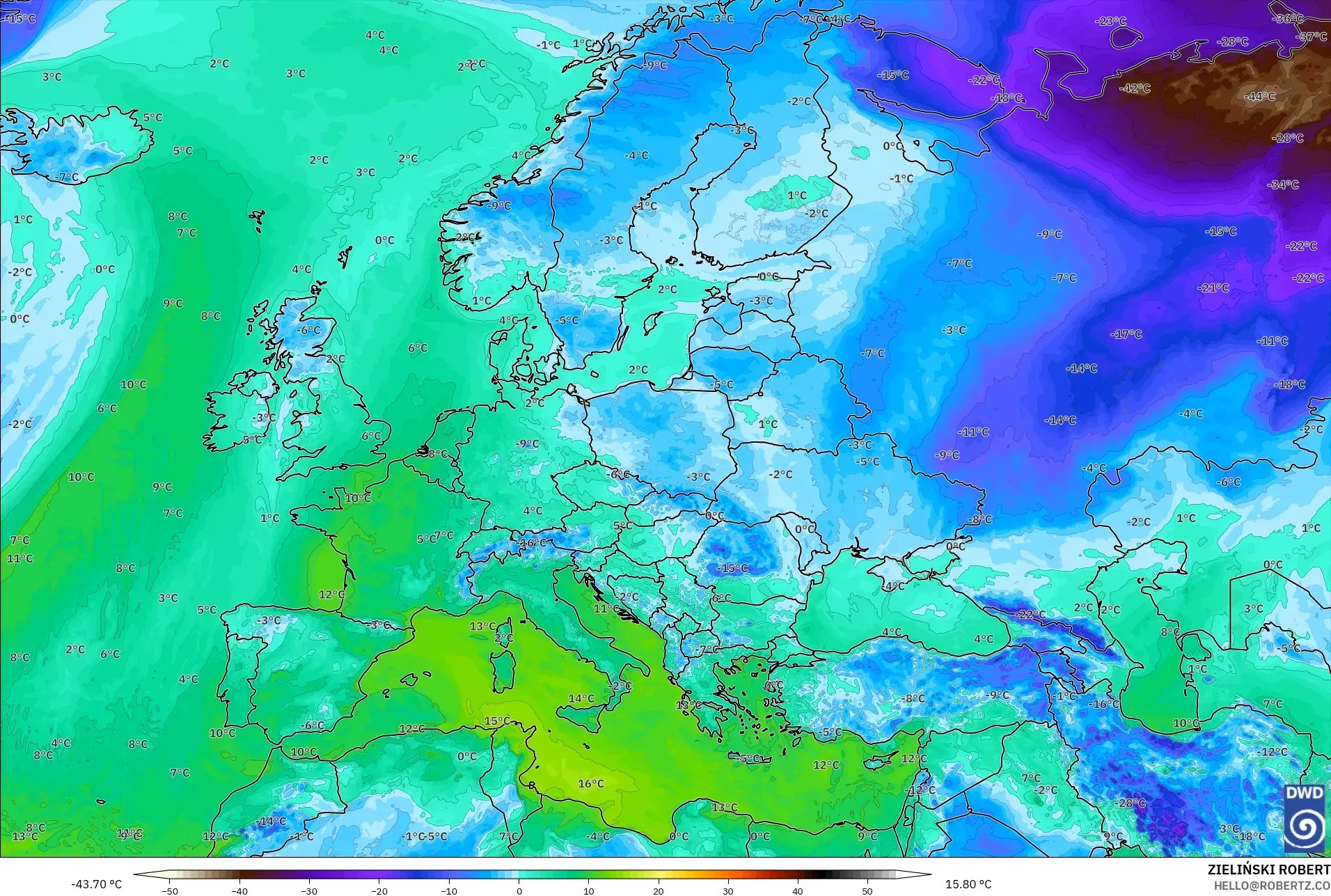 ICON モデル - ヨーロッパ, 露点温度（2m）