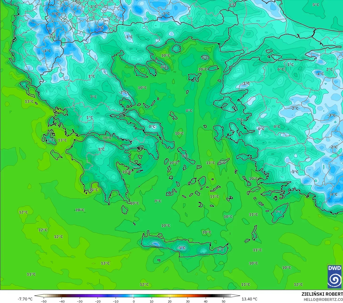 ICON モデル - ギリシャ, 露点温度（2m）