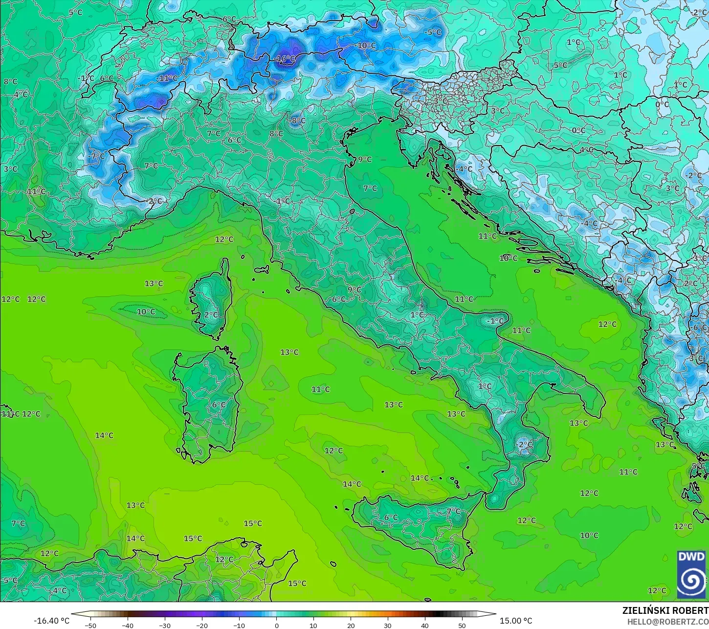 ICON モデル - イタリア, 露点温度（2m）