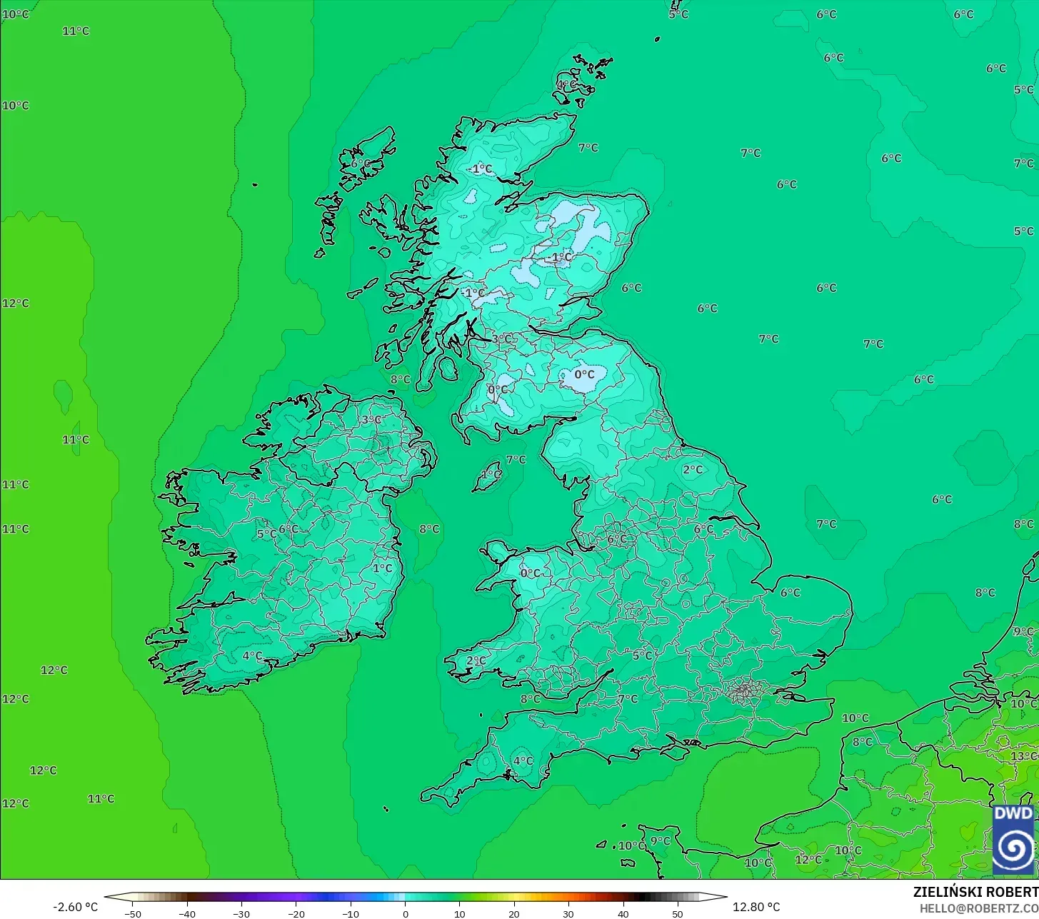 ICON モデル - イギリス, 気温（2m）