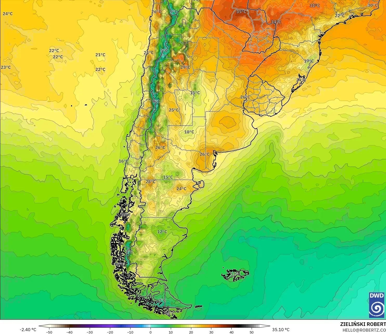 ICON モデル - アルゼンチン, 気温（2m）