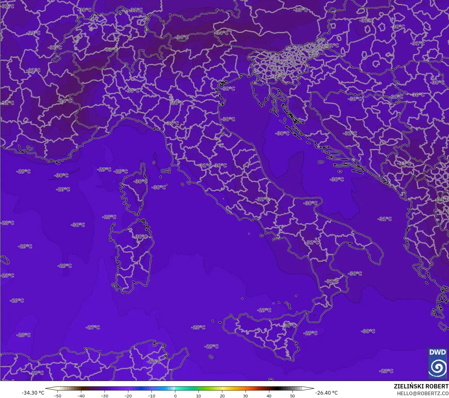 ICON モデル - イタリア, 気温（500hPa）