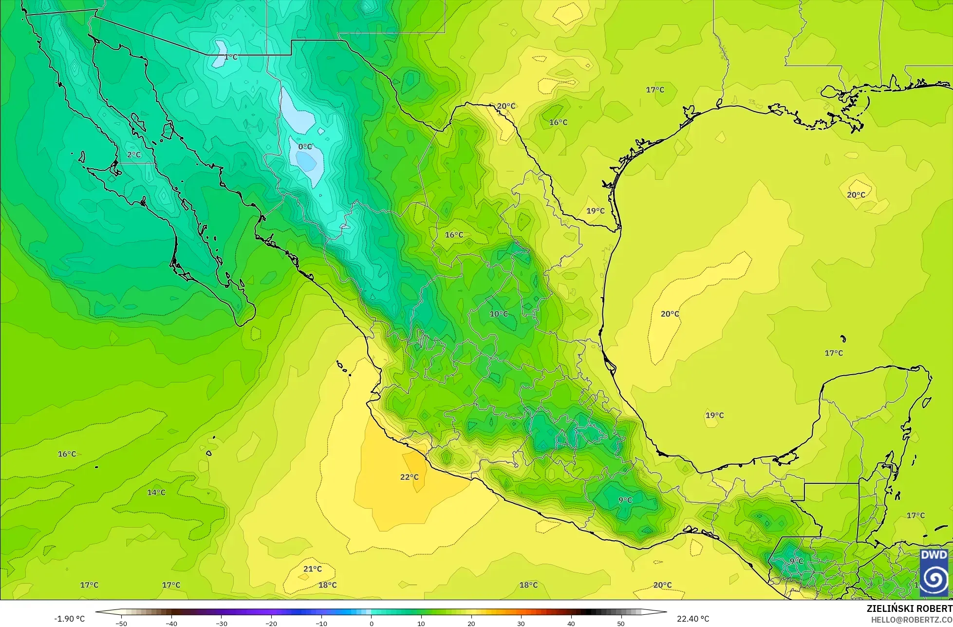 ICON モデル - メキシコ, 気温（850hPa）