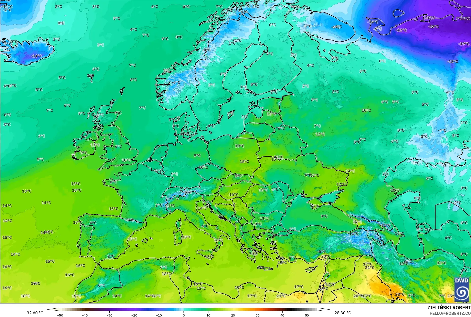 ICON モデル - ヨーロッパ, 気温（2m）