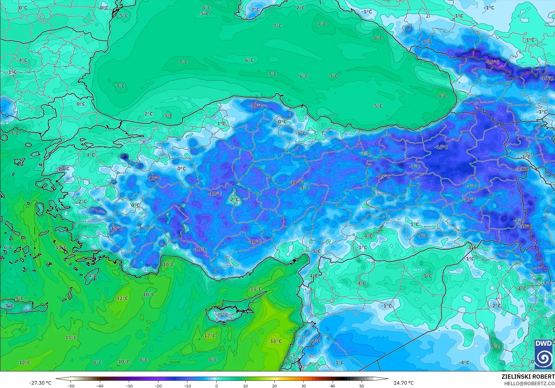 ICON モデル - トルコ, 露点温度（2m）