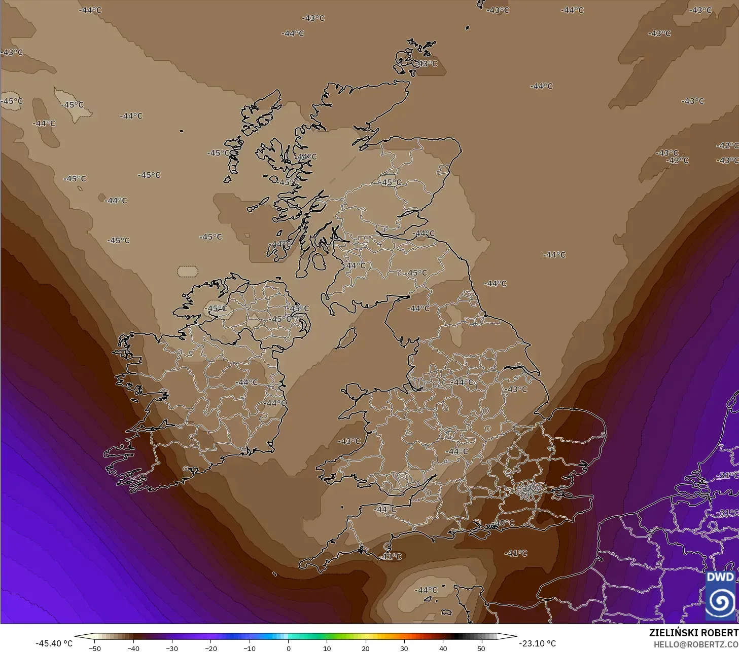 ICON モデル - イギリス, 気温（500hPa）