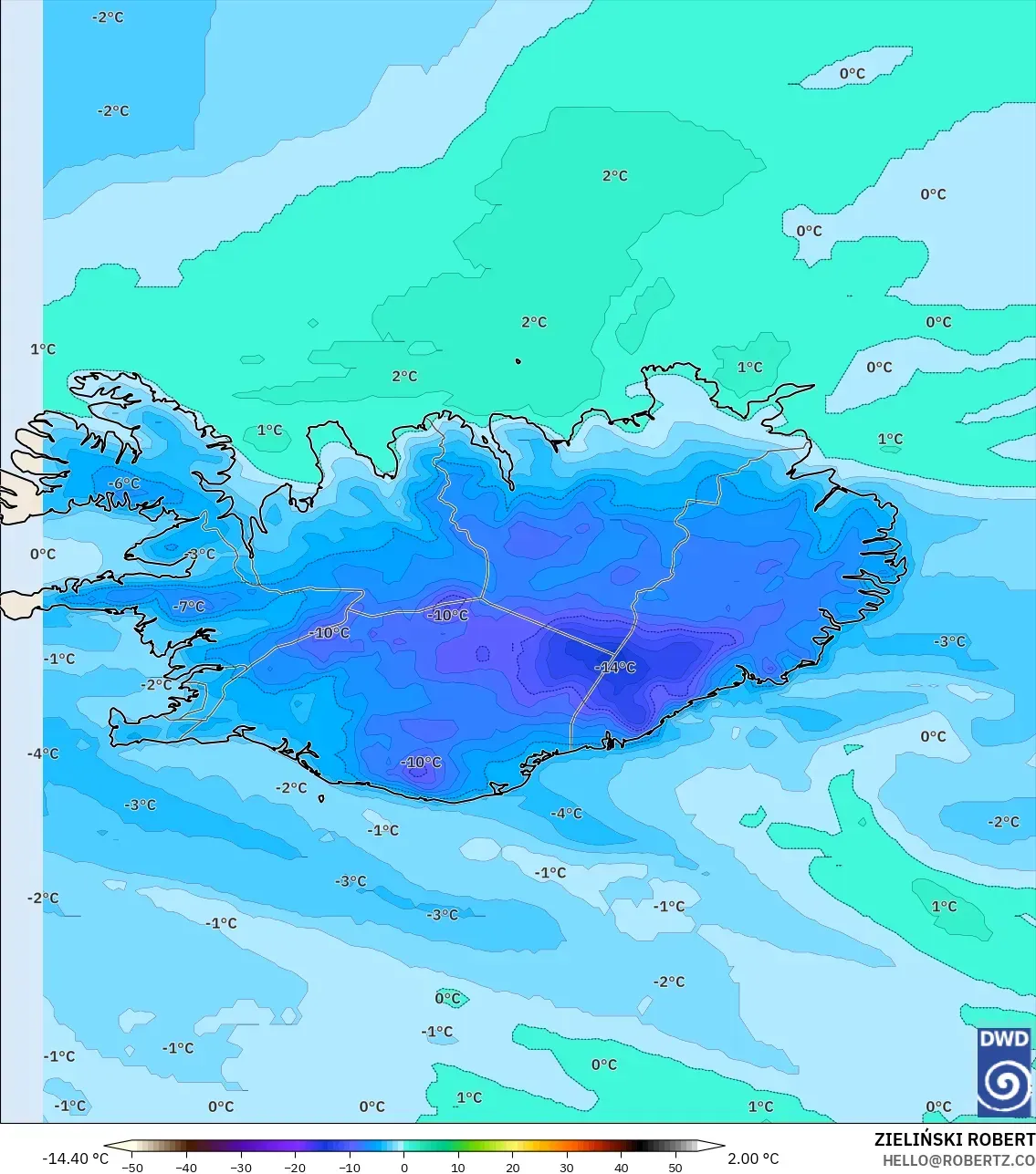 ICON モデル - アイスランド, 露点温度（2m）