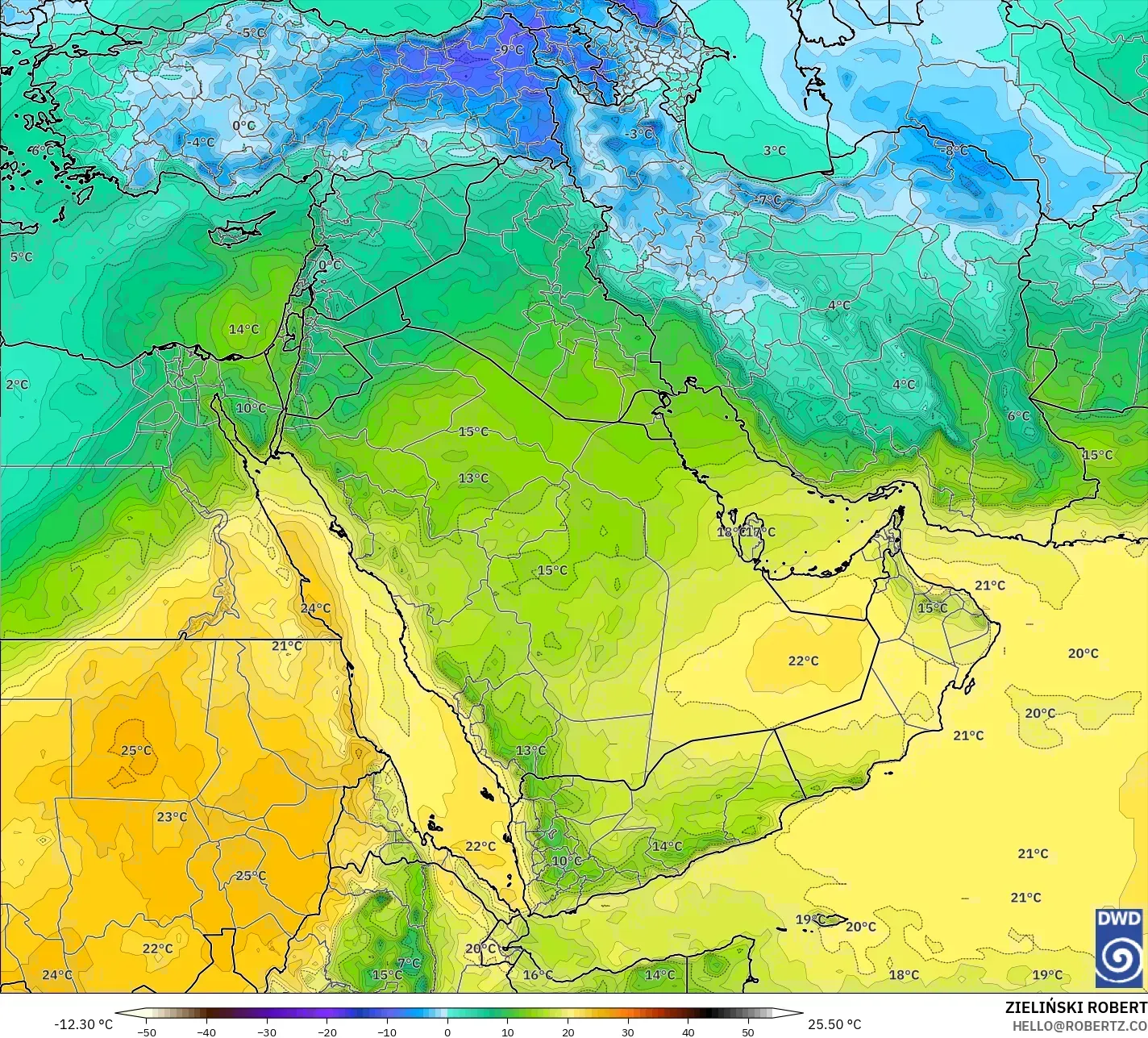 ICON モデル - 中東, 気温（850hPa）