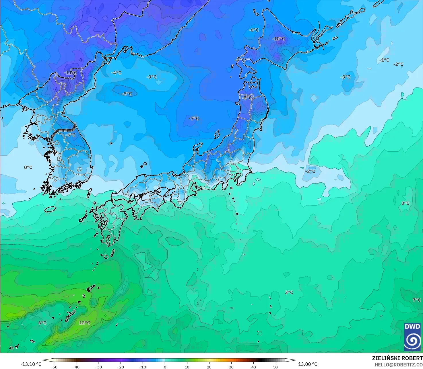 ICON モデル - 日本, 気温（850hPa）