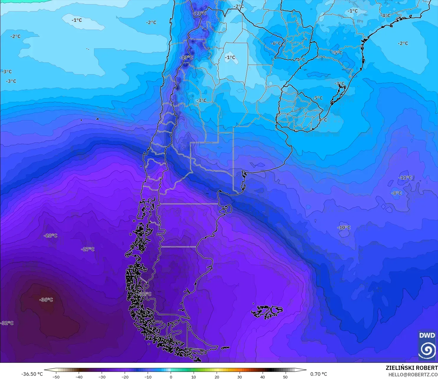 ICON モデル - アルゼンチン, 気温（500hPa）