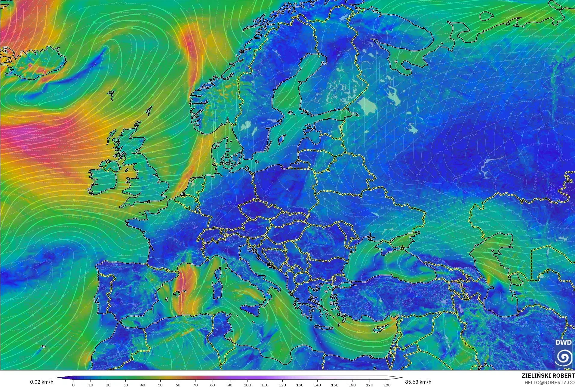 ICON モデル - ヨーロッパ, 風速（10m）