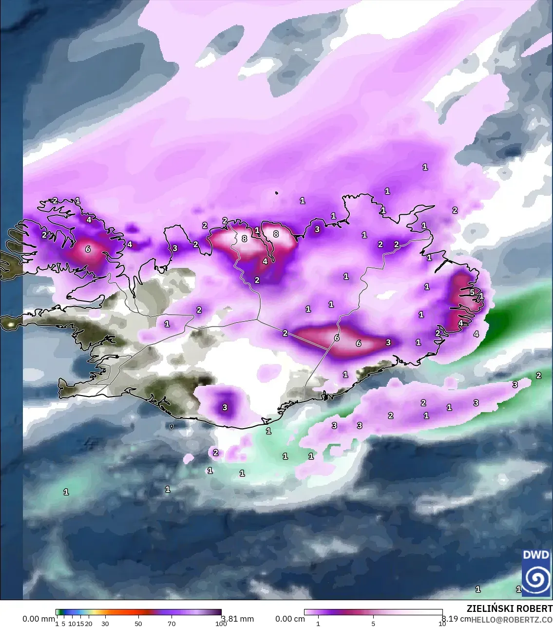 ICON モデル - アイスランド, 降水量、雲、気圧