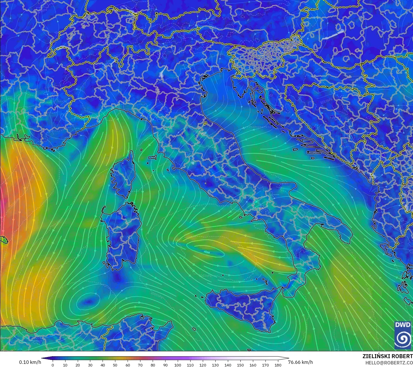 ICON モデル - イタリア, 風速（10m）