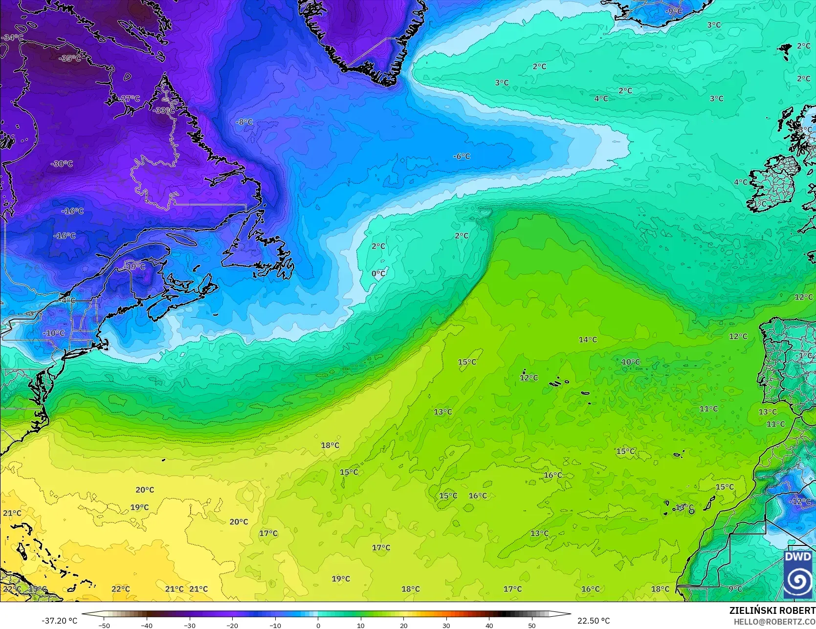 ICON モデル - 北大西洋, 露点温度（2m）