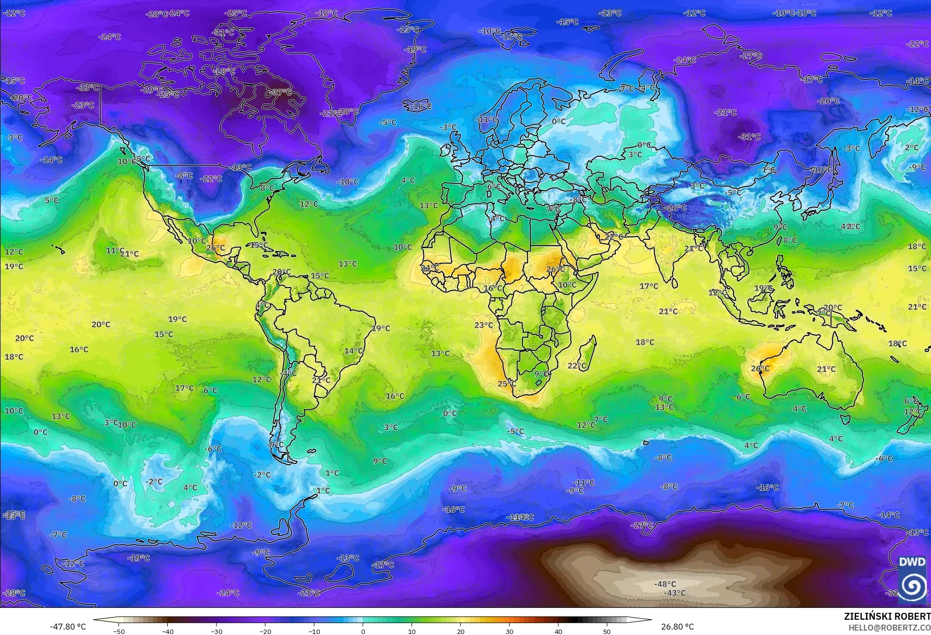 ICON モデル - 世界, 気温（850hPa）