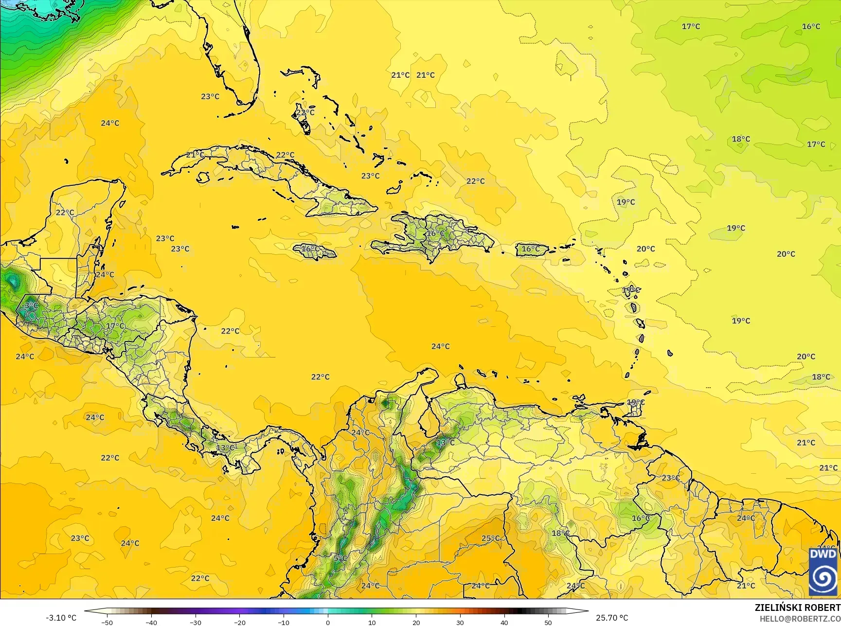 ICON モデル - カリブ海, 露点温度（2m）