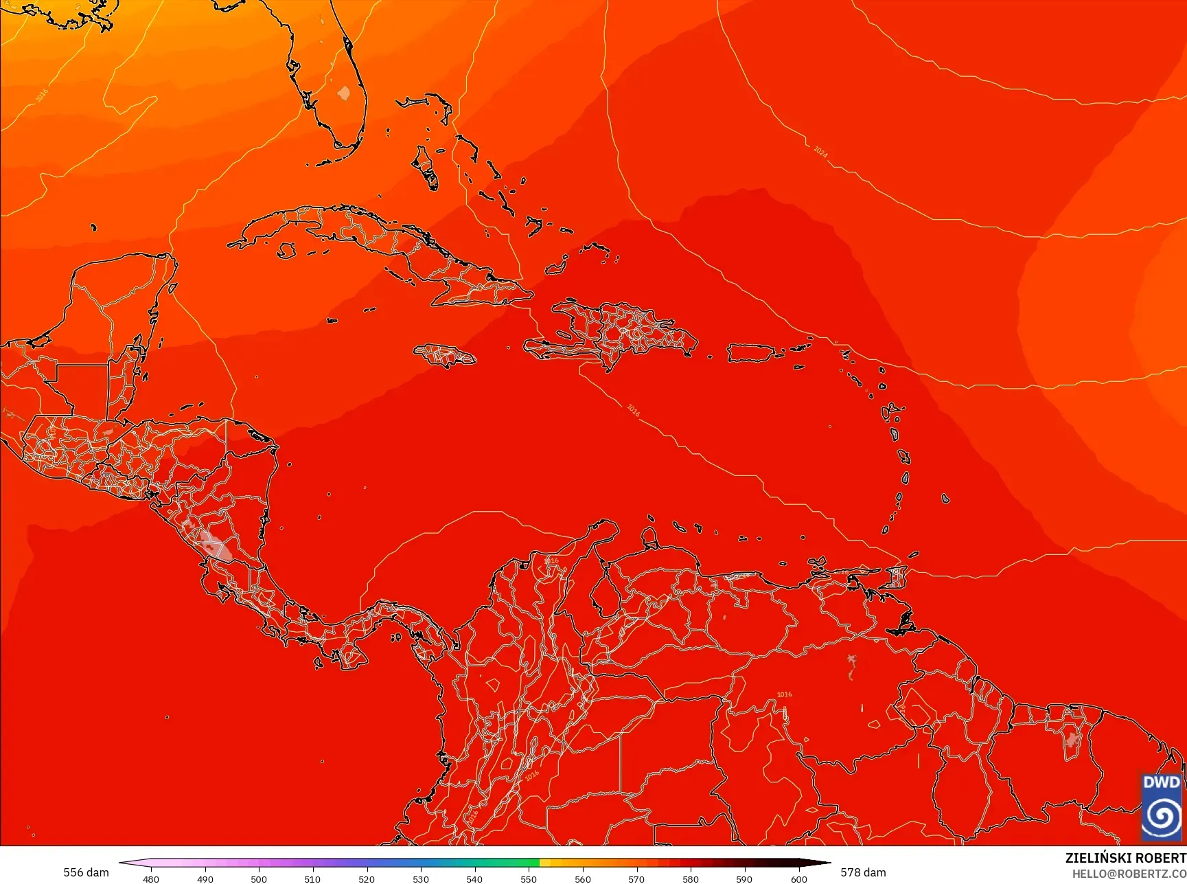 ICON モデル - カリブ海, 500hPaのジオポテンシャル高度
