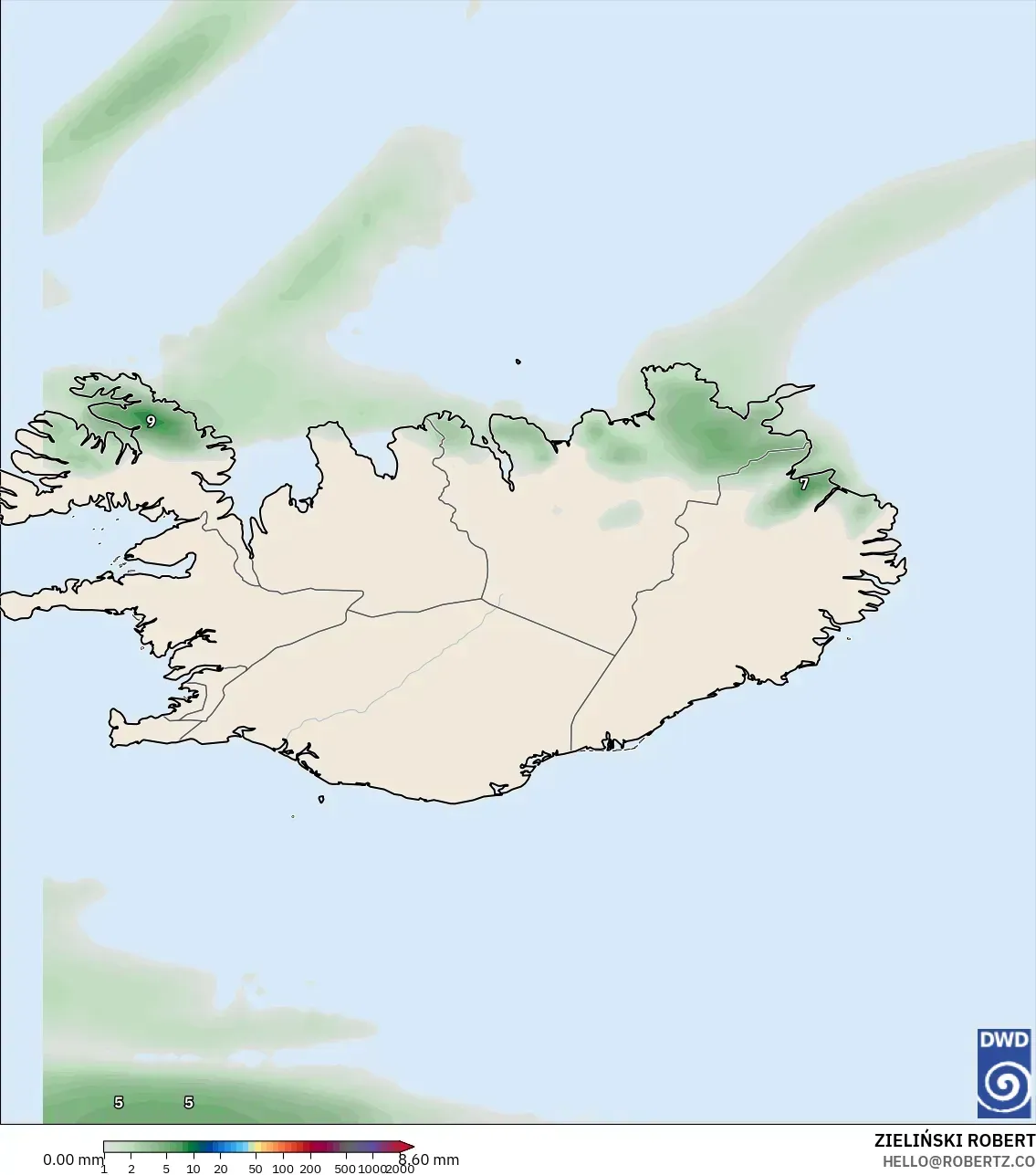 ICON モデル - アイスランド, 降水量の合計