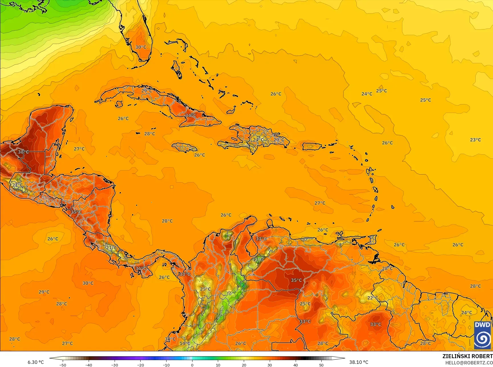 ICON モデル - カリブ海, 気温（2m）